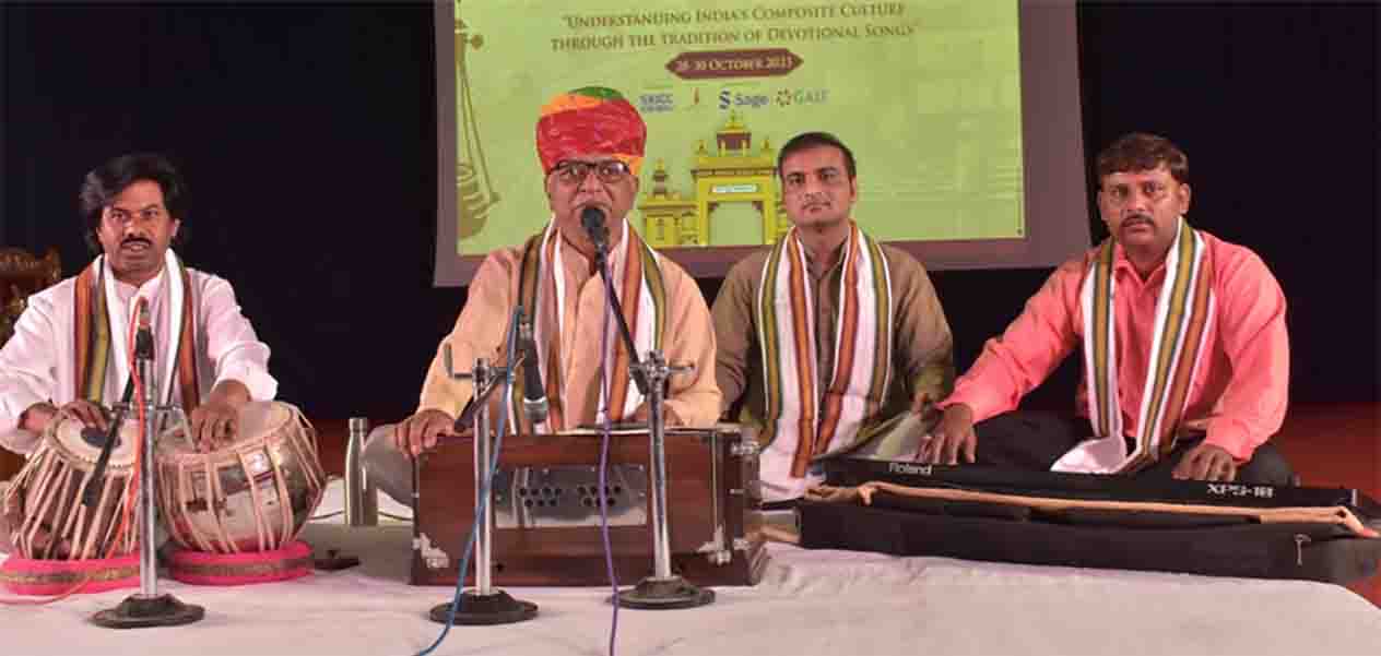 From the left to the fight:  Mr. Shahid Hussain (Tabla player), renowned Bhajan singer Mr.  Munna Master (Padma awardee), Dr. Firoze (Assistant Professor, Department of Sanskrit, B.H.U.), and Mr. Vakil Khan (singer) all from Rajasthan.