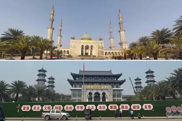 पश्चिमी युन्नान प्रांत की ग्रैंड मस्जिद शादियान के गुंबद और मीनारें गिराकर उसे चीनी शैली की इमारत बना दिया गया. चित्र में ऊपर पुरानी मस्जिद और नीचे उसकी बदली तस्वीर। चित्र द गार्डियन से साभार