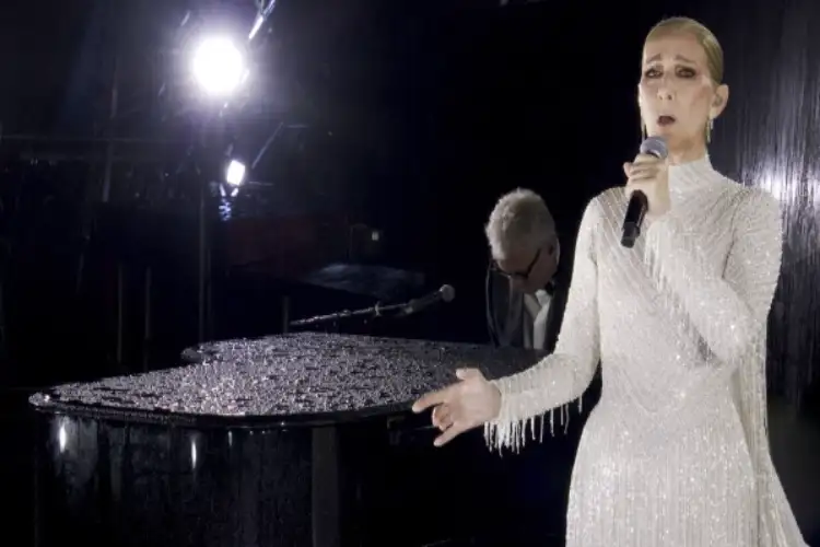 Celine Dion performs live at the Paris Olympics opening ceremony