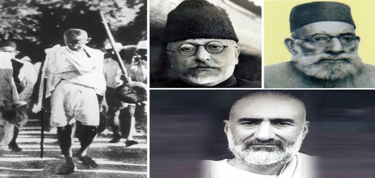 From left to right Mukhtar Ahmed Ansari, Khan Abul Gaffar Khan, Alaah Baksh Sumroo, and Maulana Abul Kalam Azad 