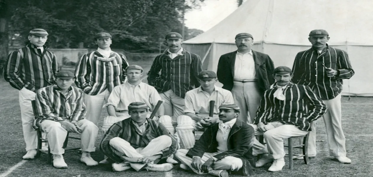 The Middlesex team that played Sussex at Eastbourne in 1902. Back row: Lord Dalmeny, C. Headlam, A. E. Trott, J. T. Rawlins, J. T. Hearne. Middle row: R. W. Nicholls, P. F. Warner, W. P. Robertson, G. W. Beldam. Front row: C. J. B. Webb, Ahsan-ul-Haq.