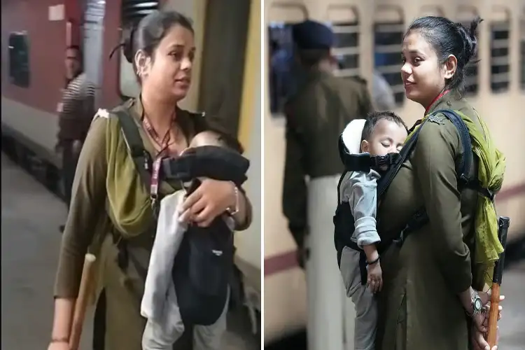 Supermom: Child in lap, stick in hand... female constable performing duty at New Delhi Railway Station